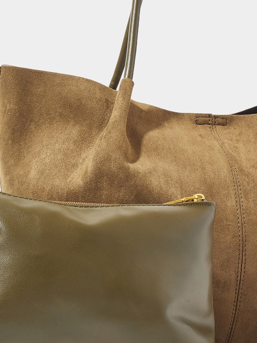 Khaki Suede-Look Hobo Shoulder Bag and Pouch Set