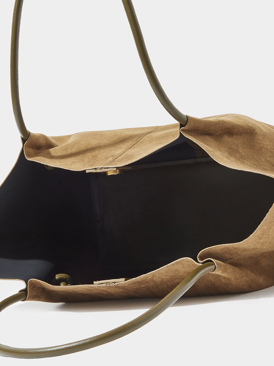 Khaki Suede-Look Hobo Shoulder Bag and Pouch Set