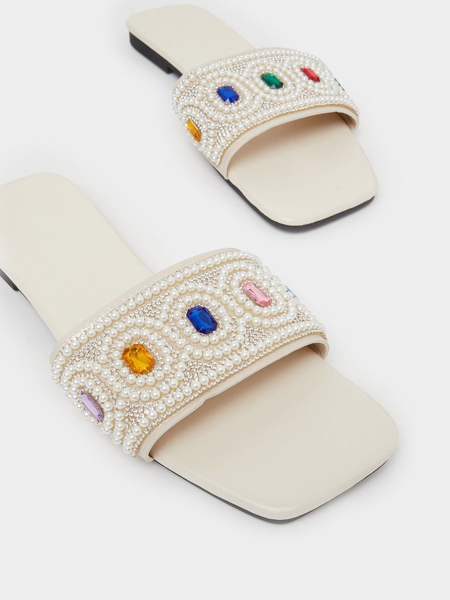 Cream Embellished Flat Sandals