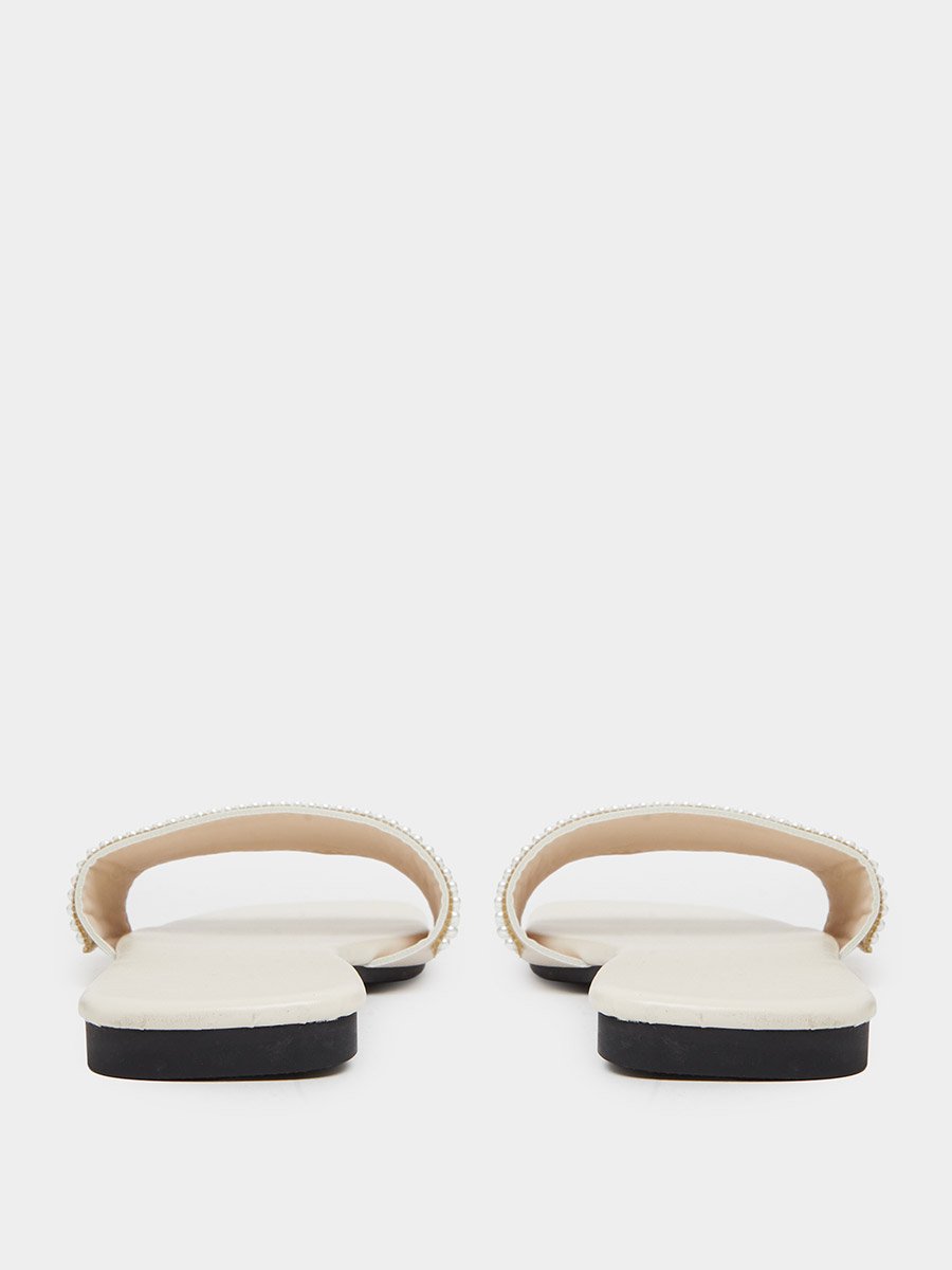 Cream Embellished Flat Sandals