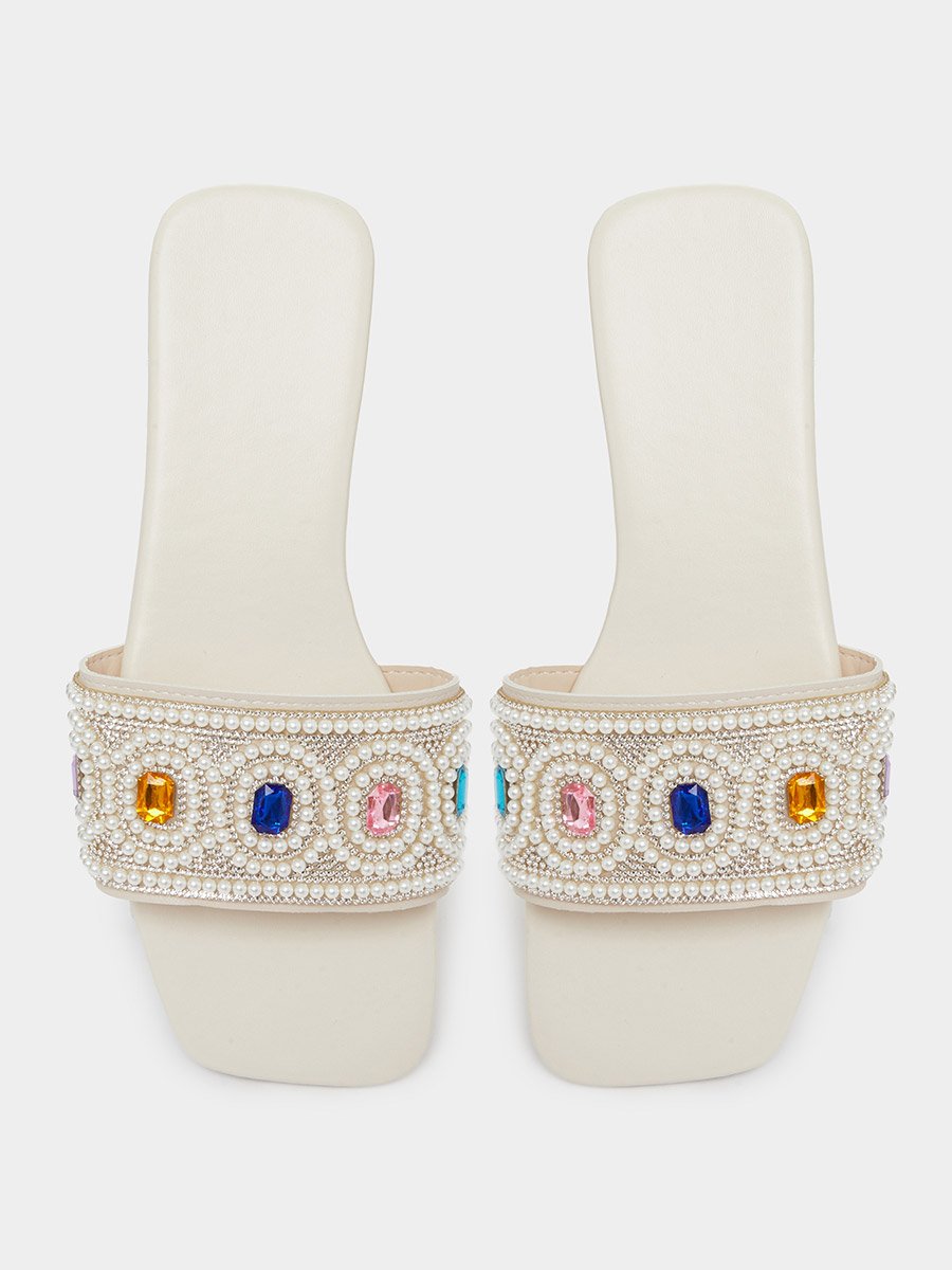 Cream Embellished Flat Sandals
