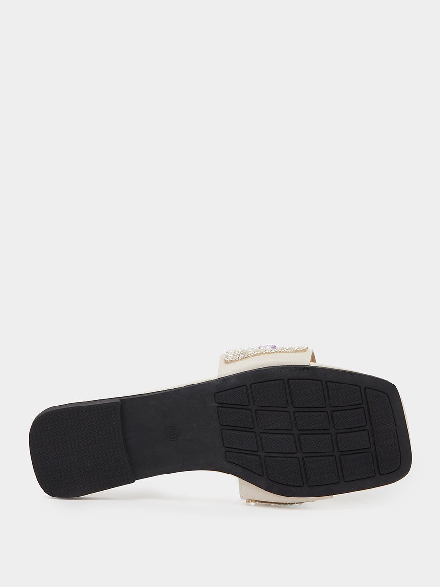 Cream Embellished Flat Sandals