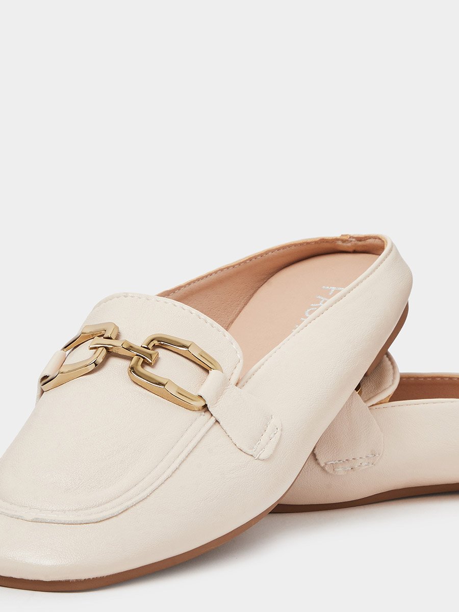 Beige Flat Mules with Gold Buckle Detail