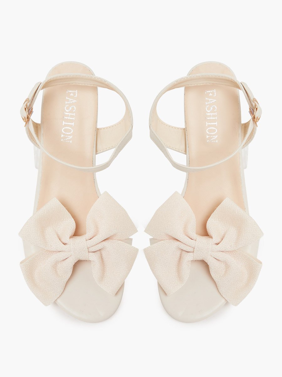 Women Solid Color Block Heel Bow Sandals