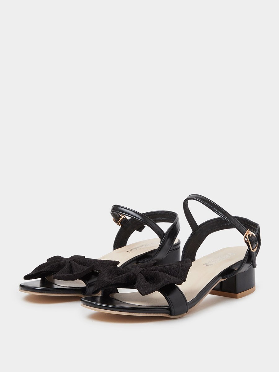 Black Ankle Strap Bow Block Heel Sandals