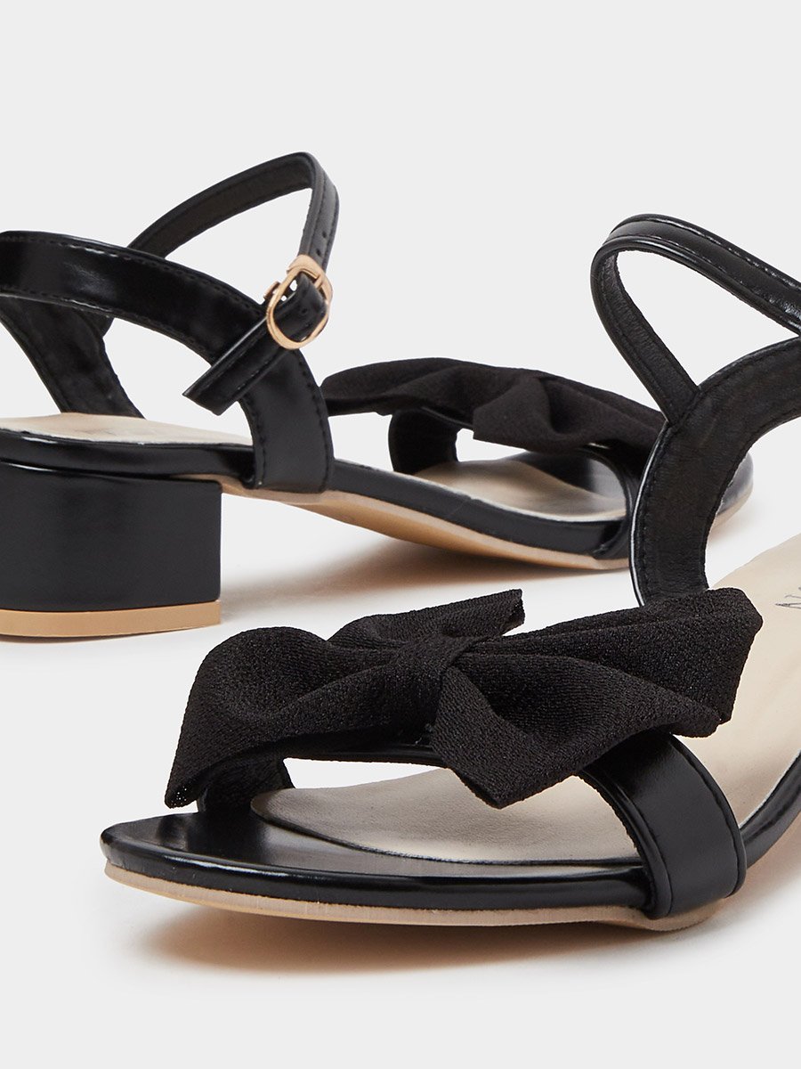 Black Ankle Strap Bow Block Heel Sandals