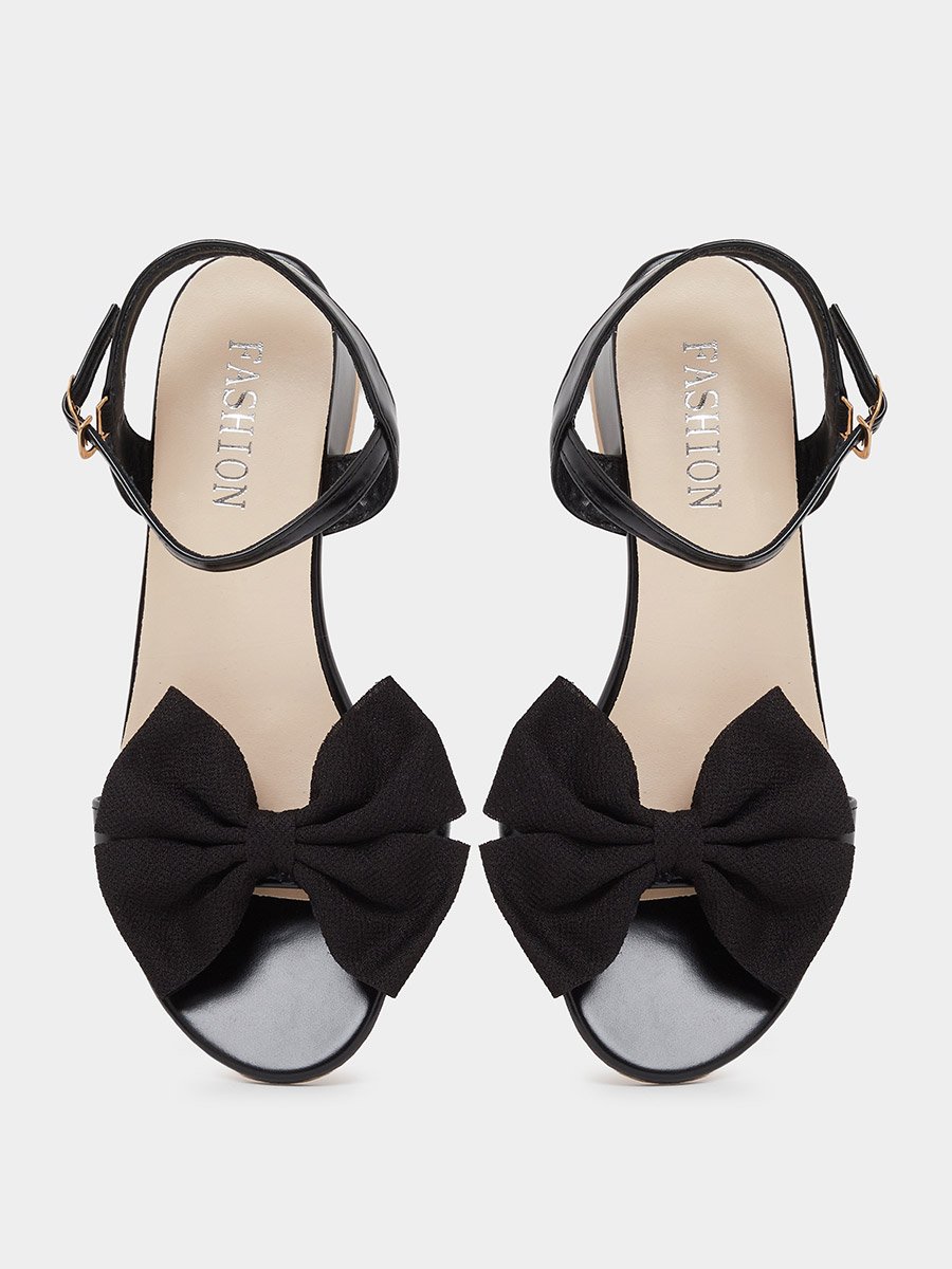 Black Ankle Strap Bow Block Heel Sandals