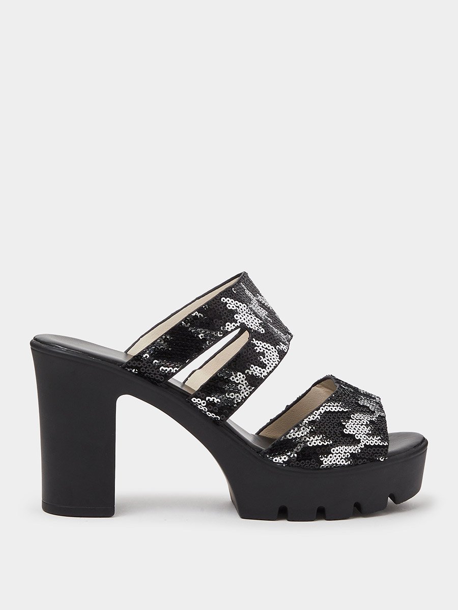 Black Sequin Platform Mules with Block Heel