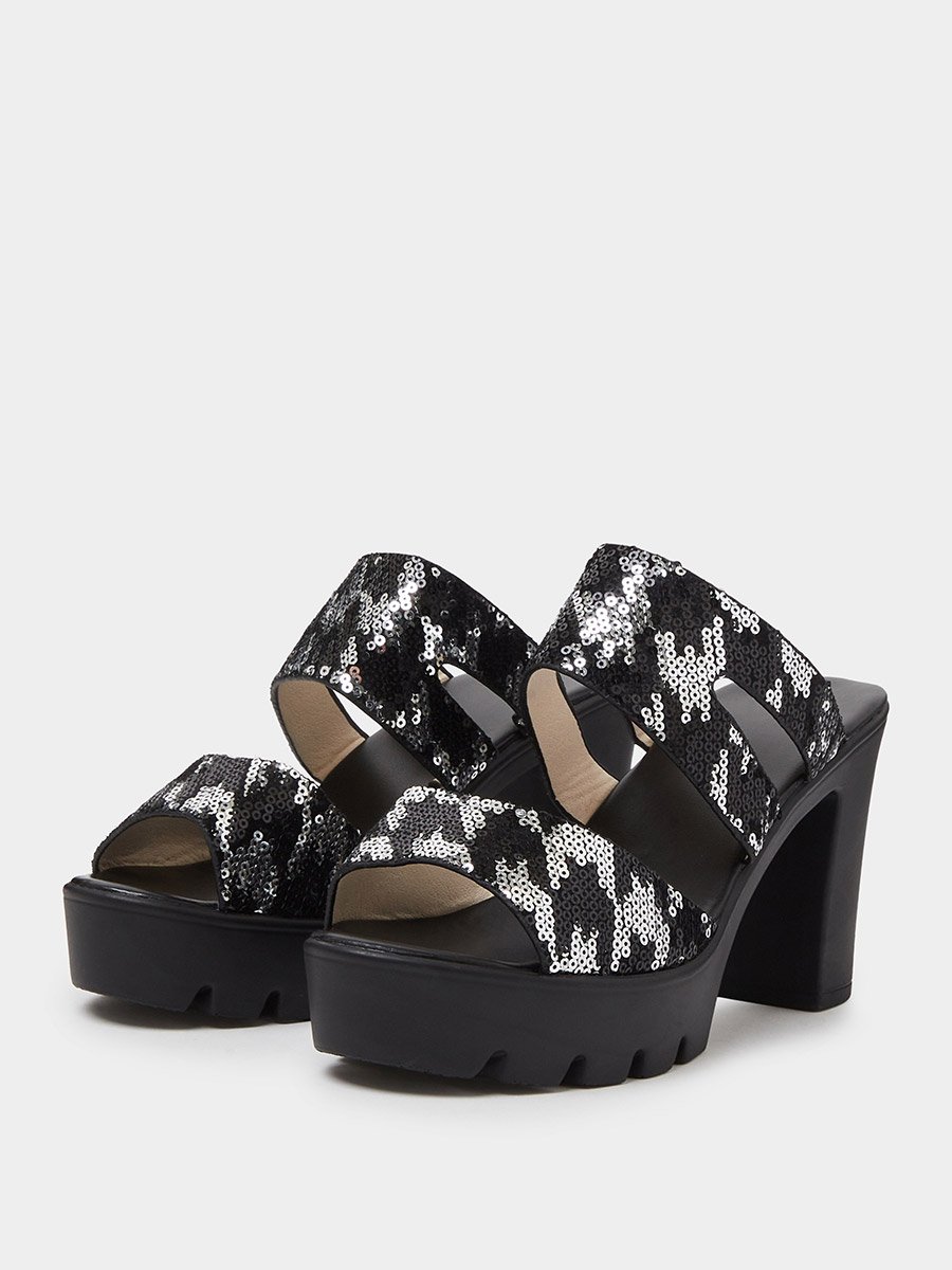 Black Sequin Platform Mules with Block Heel