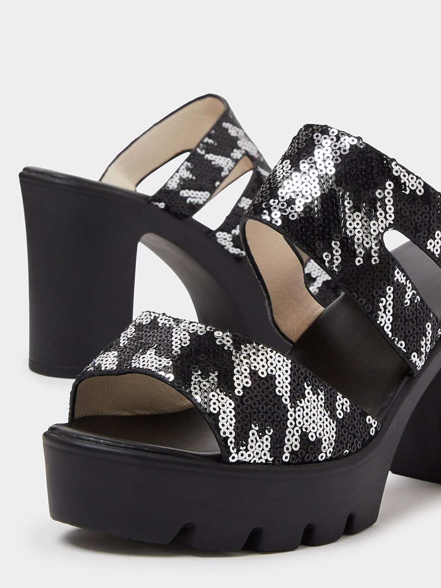 Black Sequin Platform Mules with Block Heel