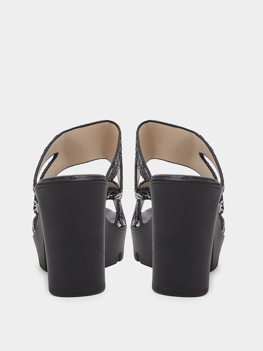 Black Sequin Platform Mules with Block Heel