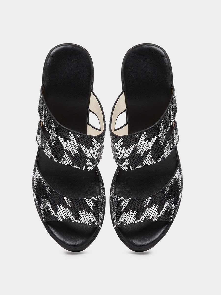 Black Sequin Platform Mules with Block Heel