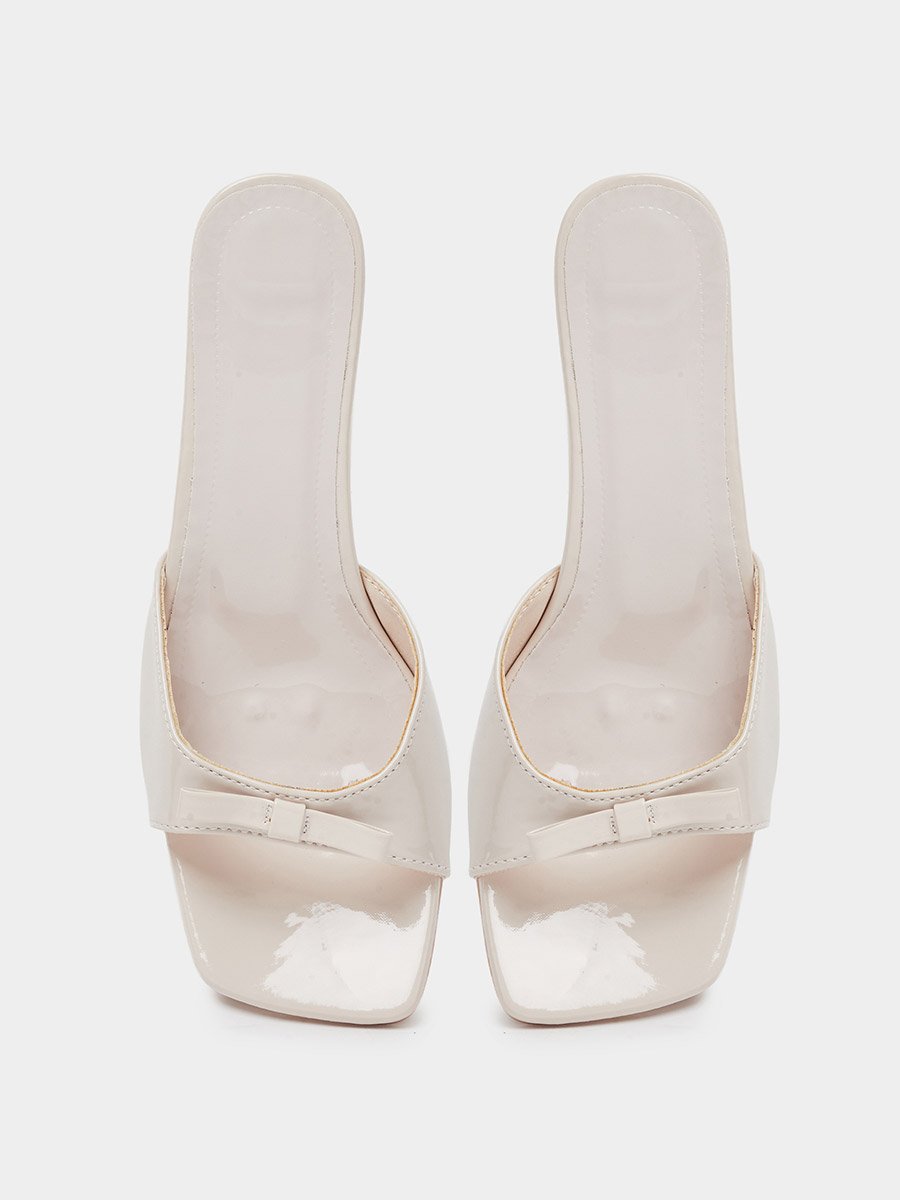 Beige Bow Detail Mid Heel Sandals