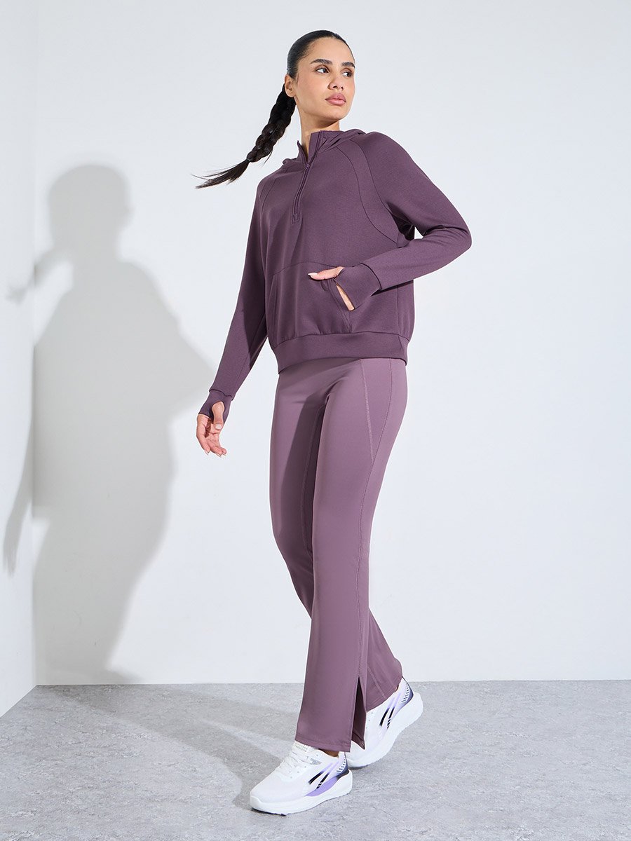 Purple Solid Half-Zip Active Hoodie with Thumbholes