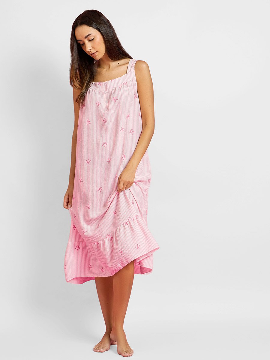 Striped Placket and Pleat Detail Nightdress with Bow Print