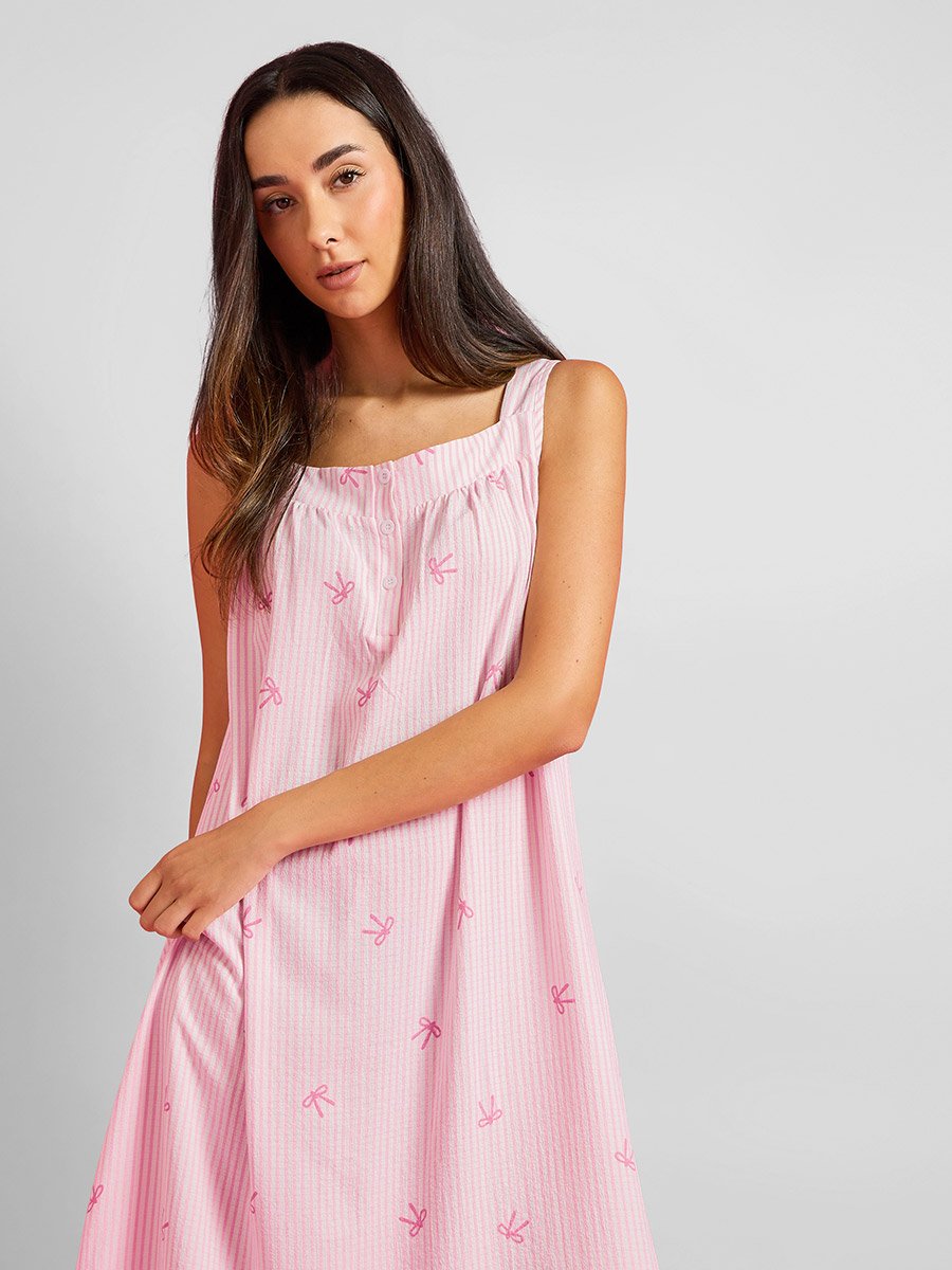 Striped Placket and Pleat Detail Nightdress with Bow Print