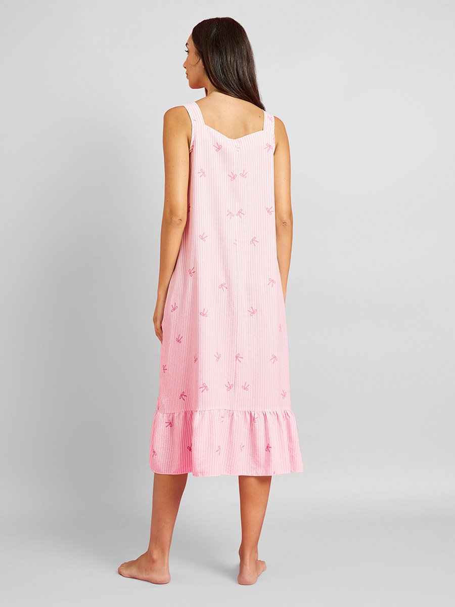 Striped Placket and Pleat Detail Nightdress with Bow Print