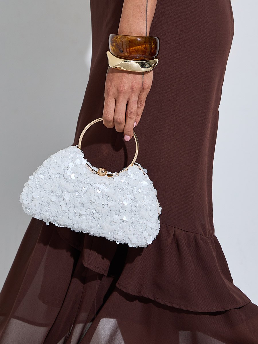 White Sequin Handbag with Gold Tone Ring Handle