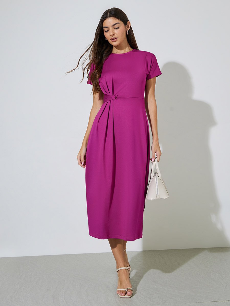 Pink Solid Gathered Detail A-Line Midi Dress