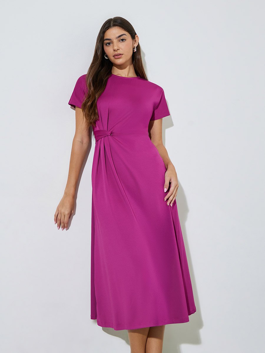 Pink Solid Gathered Detail A-Line Midi Dress