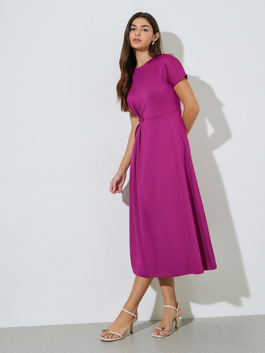 Pink Solid Gathered Detail A-Line Midi Dress