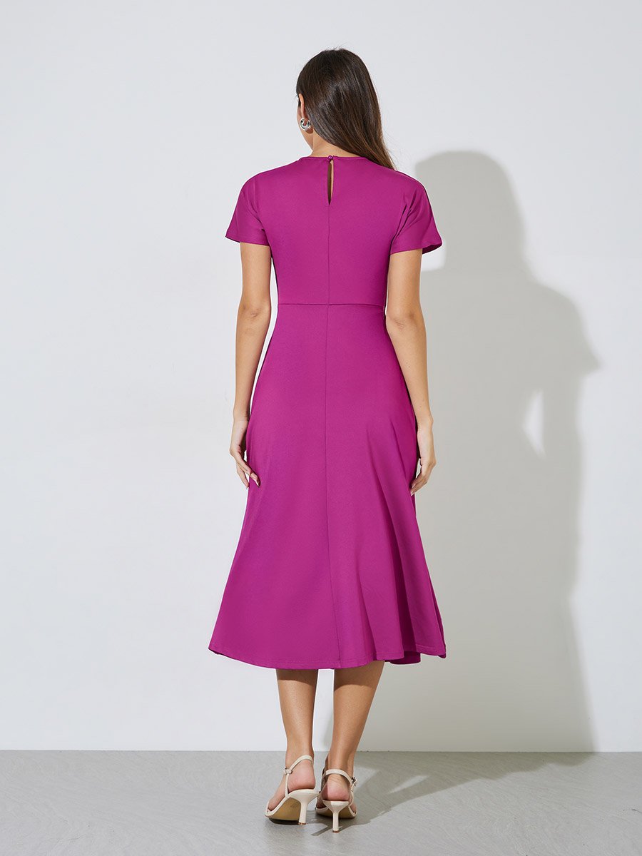 Pink Solid Gathered Detail A-Line Midi Dress