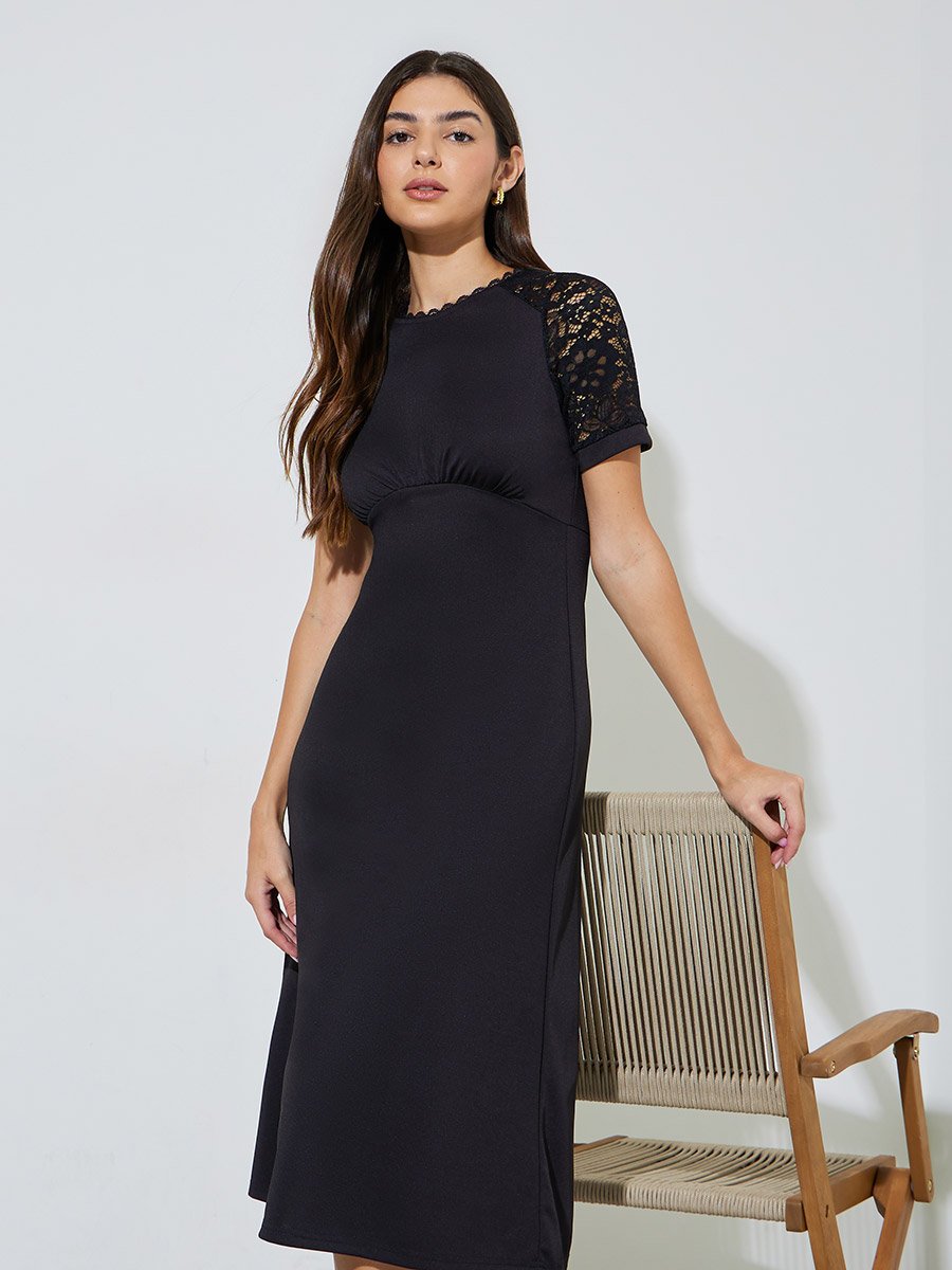 Black Solid Lace Short Sleeves A-Line Midi Dress