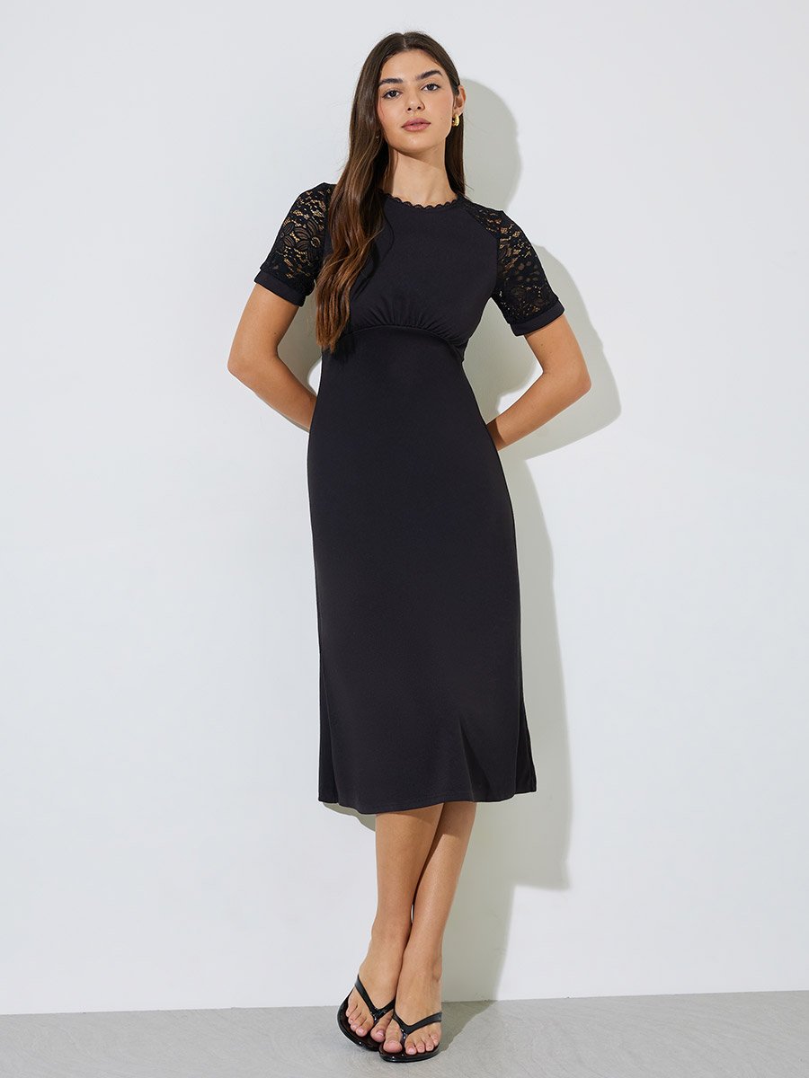 Black Solid Lace Short Sleeves A-Line Midi Dress