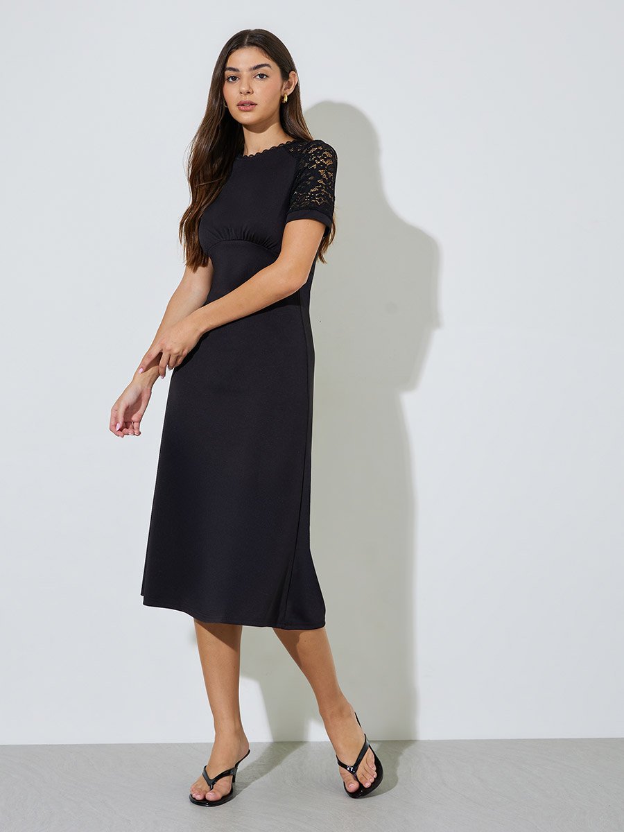 Black Solid Lace Short Sleeves A-Line Midi Dress