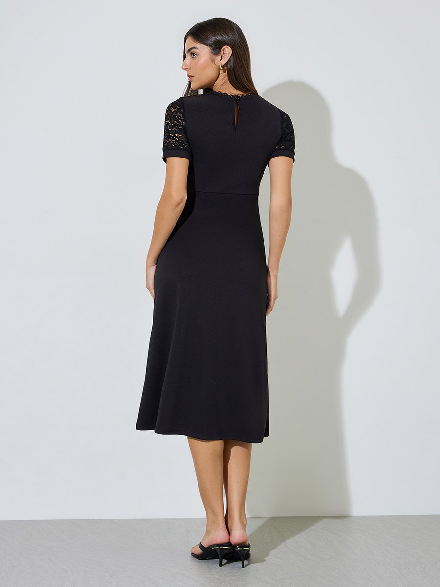 Black Solid Lace Short Sleeves A-Line Midi Dress