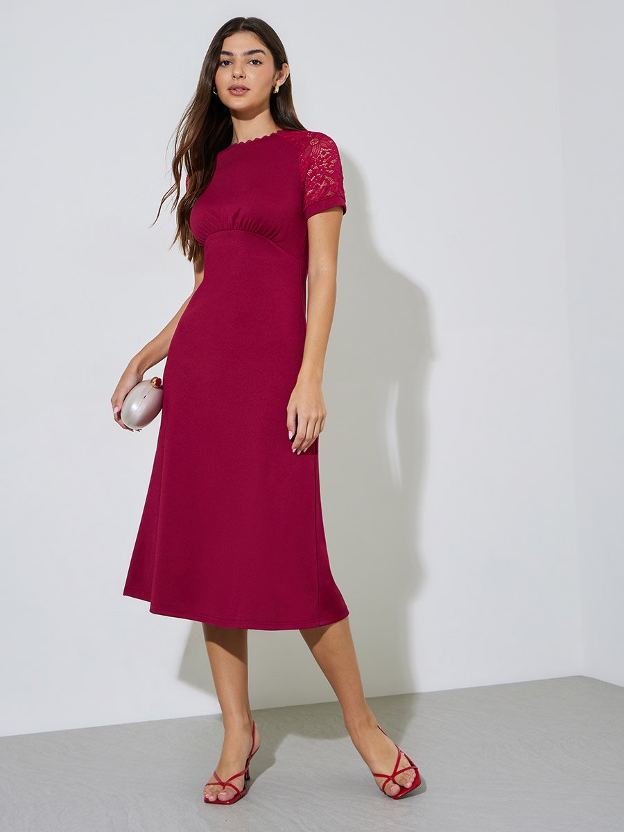 Red Solid Lace Short Sleeves A-Line Midi Dress