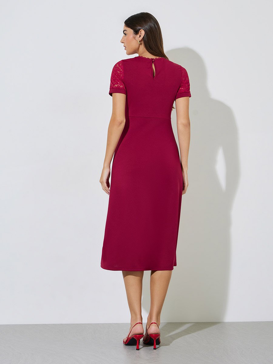 Red Solid Lace Short Sleeves A-Line Midi Dress