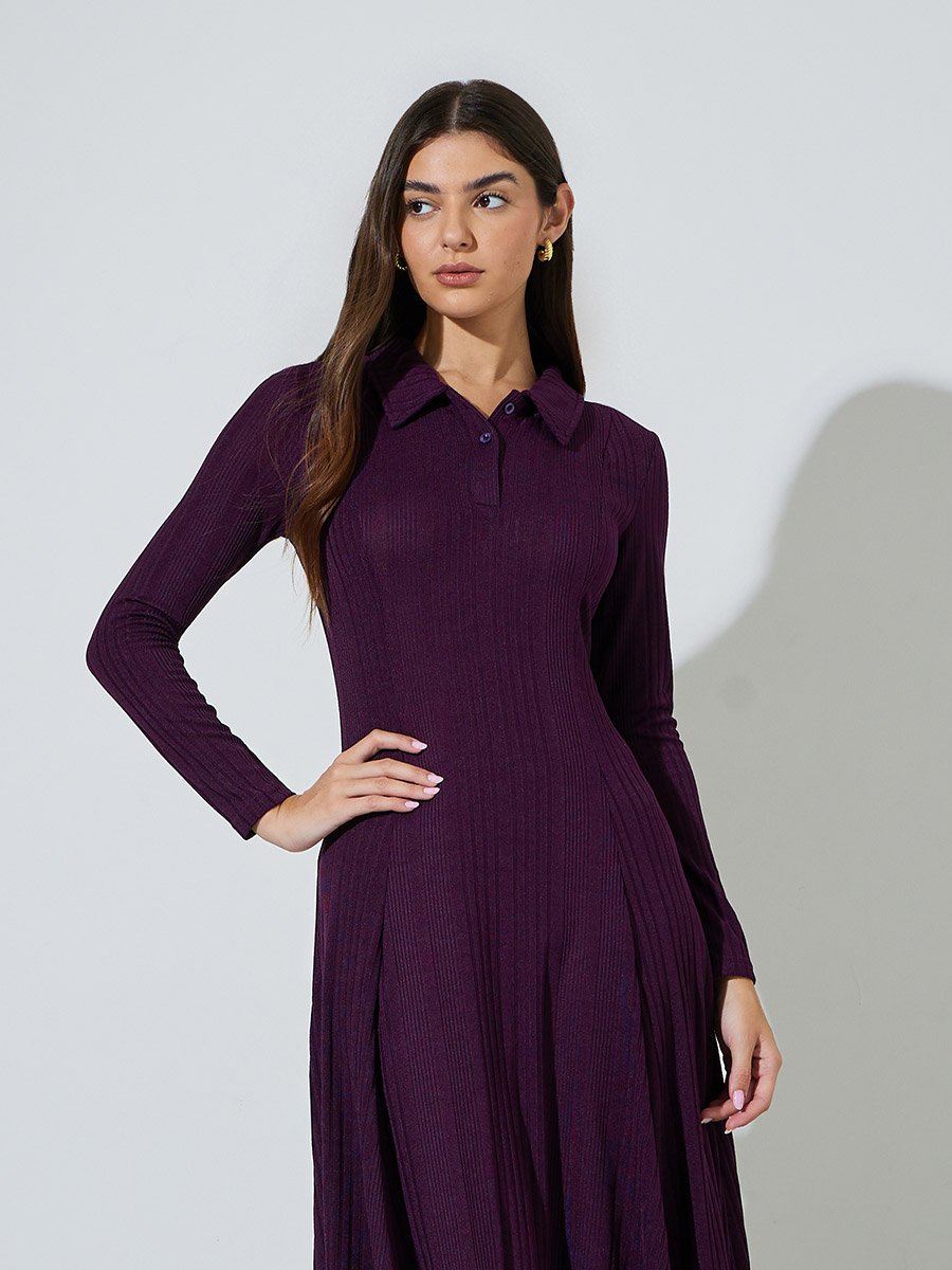Purple Ribbed Knit A-Line Maxi Dress with Collar