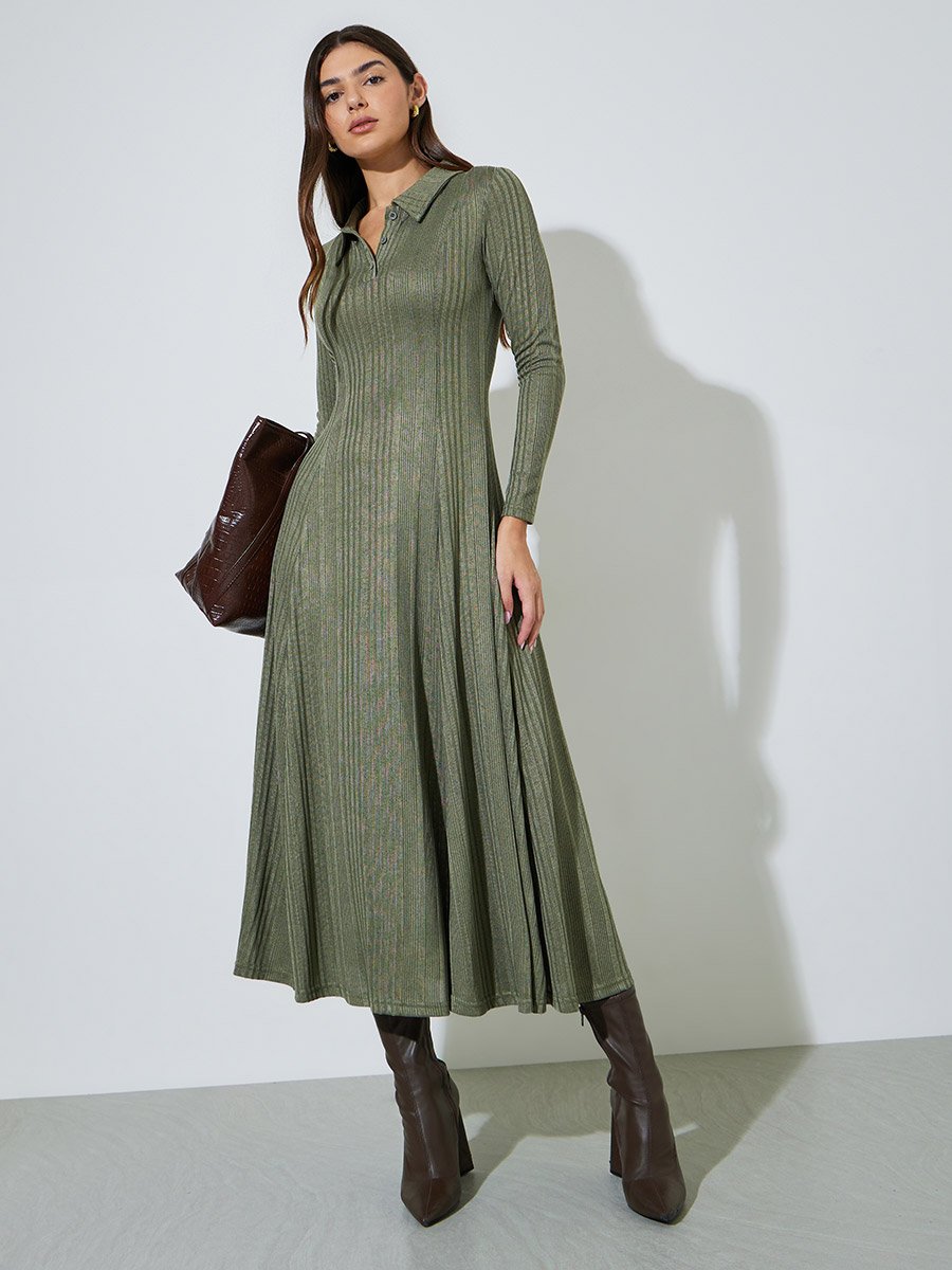 Green Ribbed Knit A-Line Maxi Dress with Collar