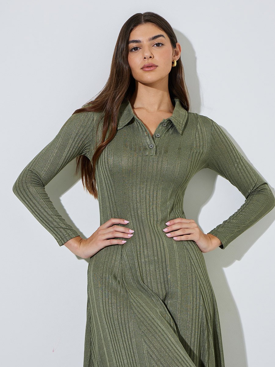 Green Ribbed Knit A-Line Maxi Dress with Collar