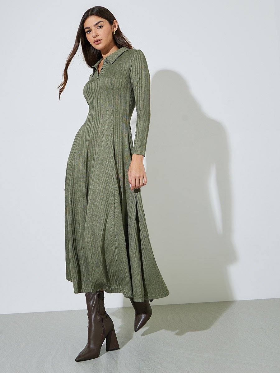 Green Ribbed Knit A-Line Maxi Dress with Collar