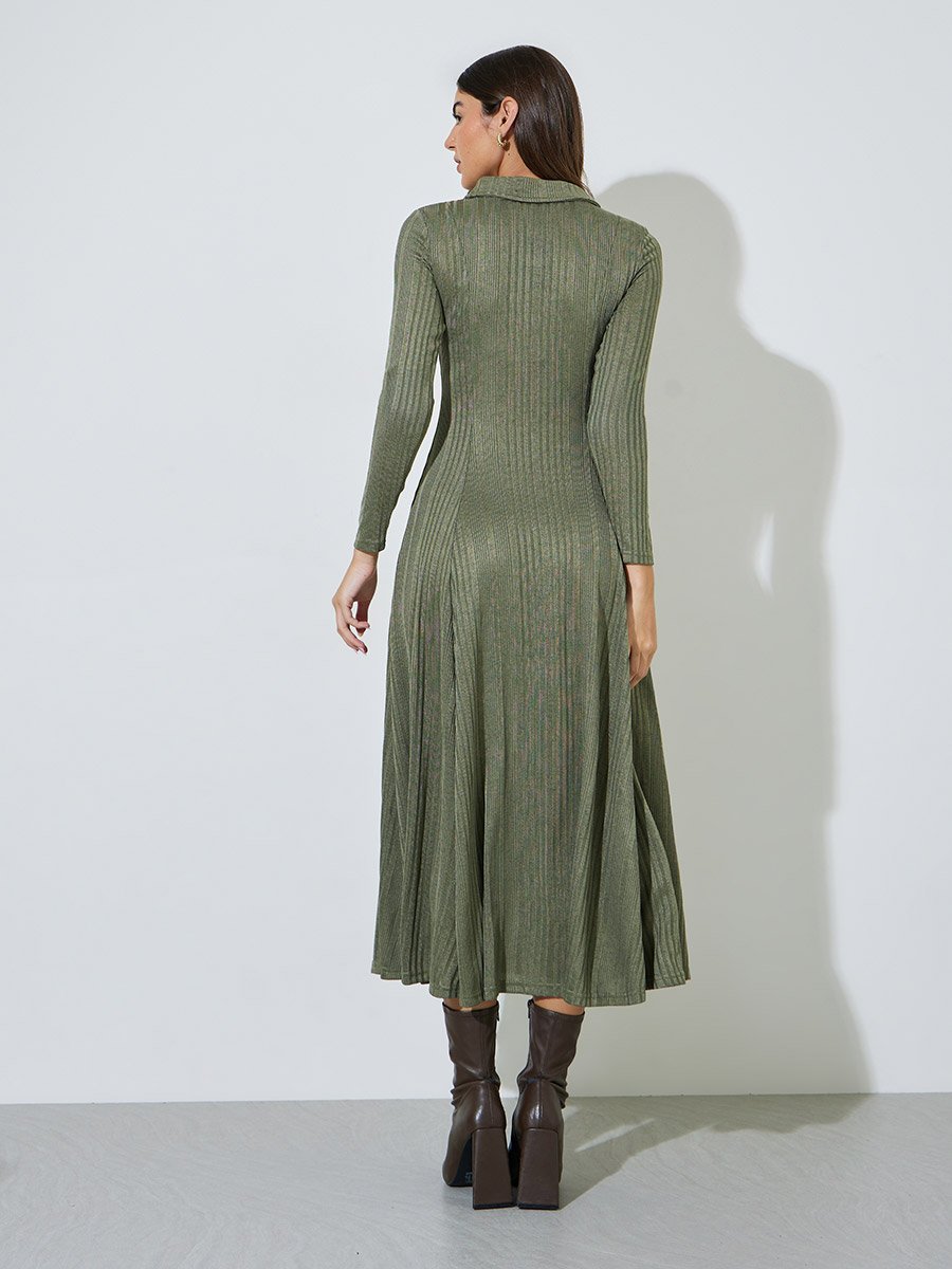 Green Ribbed Knit A-Line Maxi Dress with Collar