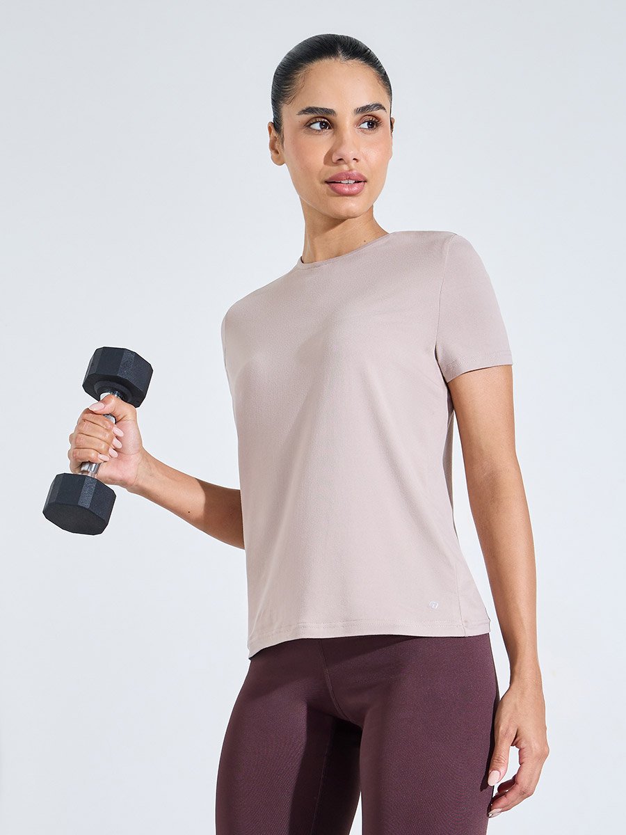 Beige Solid Crew Neck Back Peep Active Top 