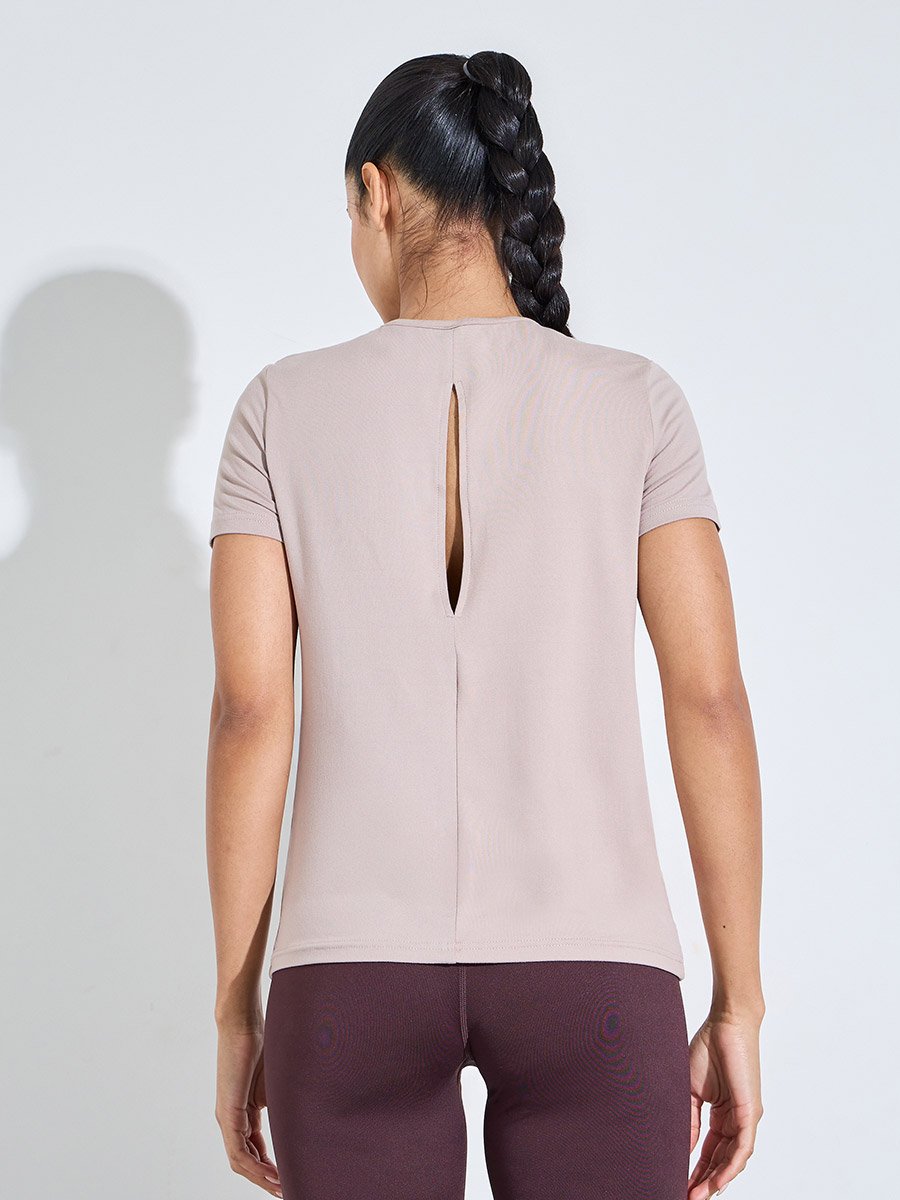 Beige Solid Crew Neck Back Peep Active Top 
