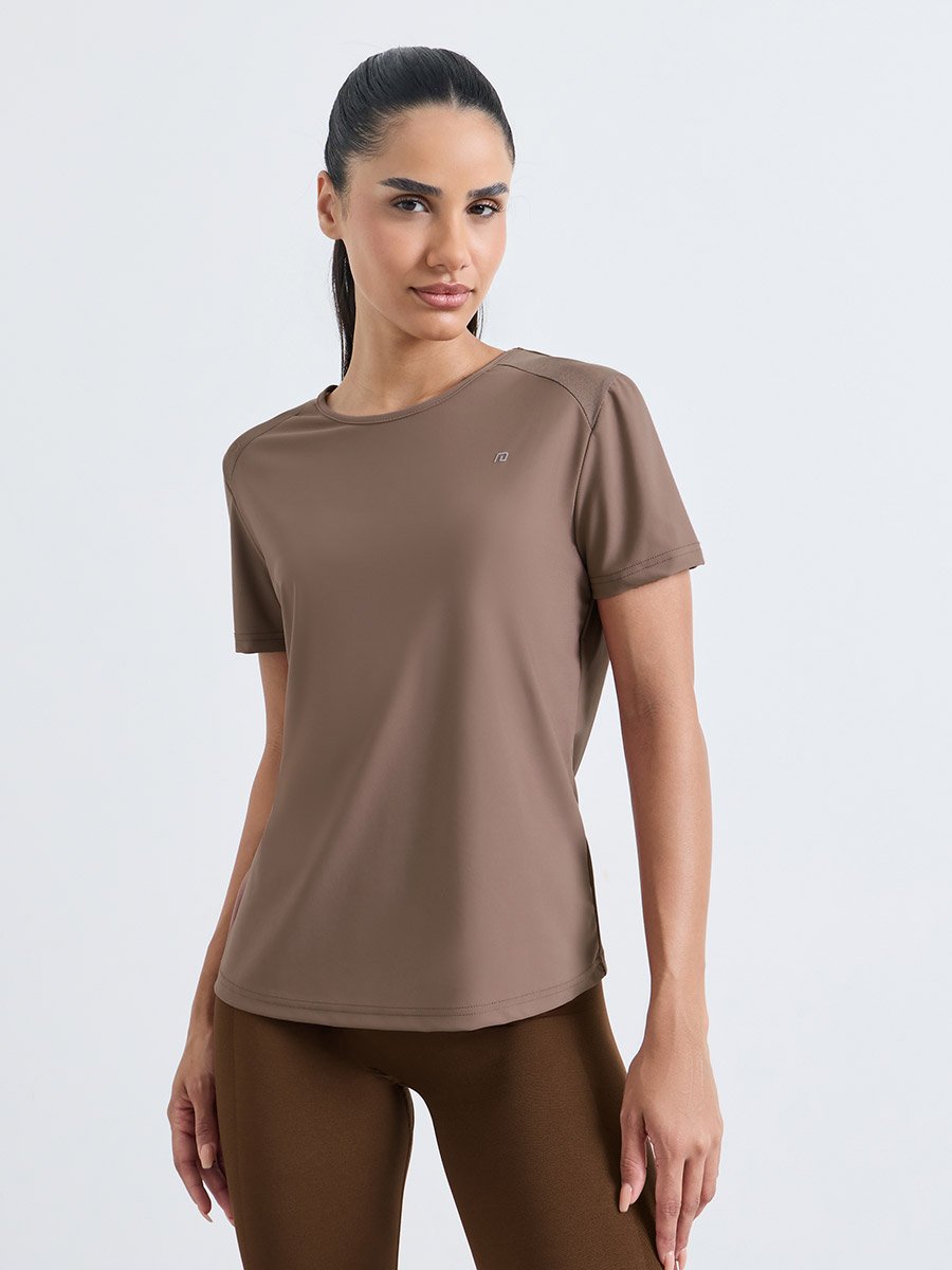 Brown Logo Back and Shoulder Mesh Panel Short Sleeve Top