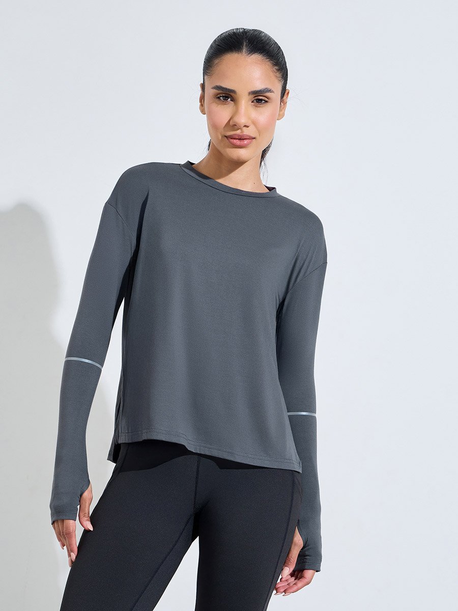 Charcoal Solid Active Long Sleeve Top with Thumbholes