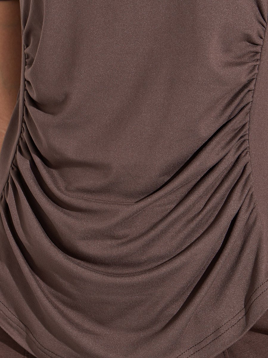 Brown Solid Ruched Activewear T-Shirt