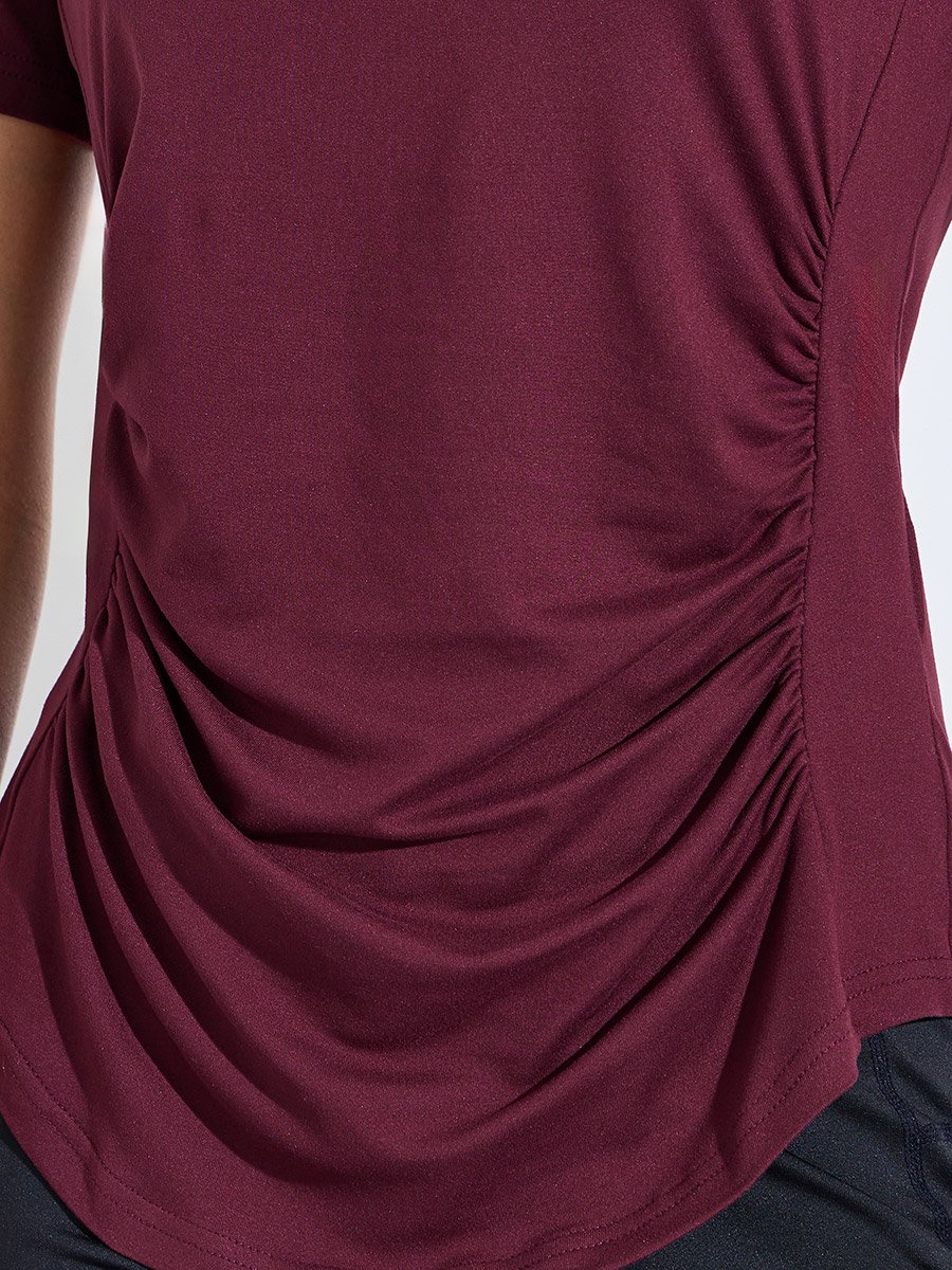 Burgundy Solid Ruched Activewear T-Shirt