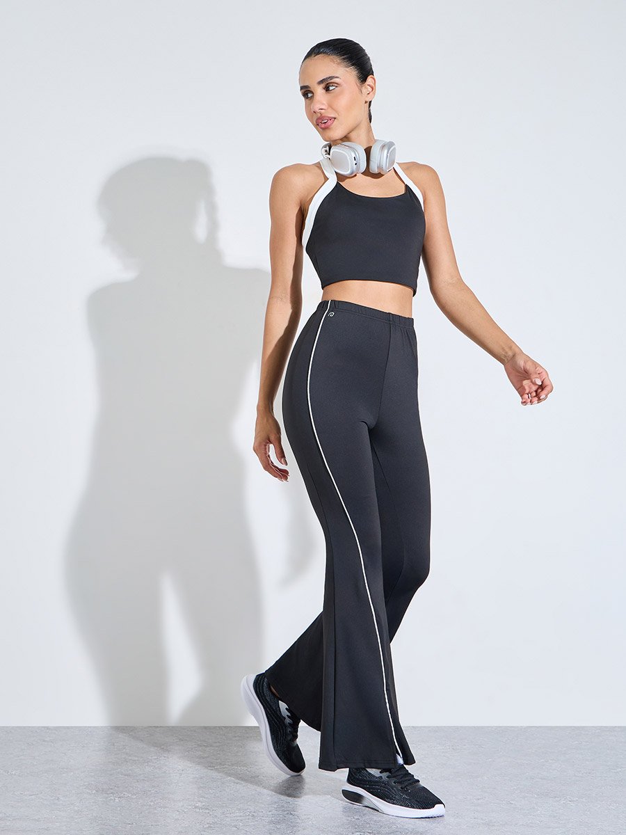 Black Solid Contrast Seam Active Flare Pants