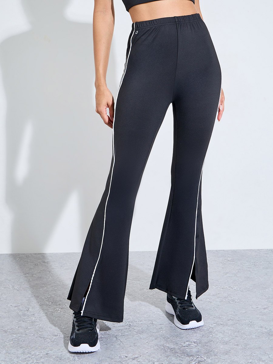 Black Solid Contrast Seam Active Flare Pants