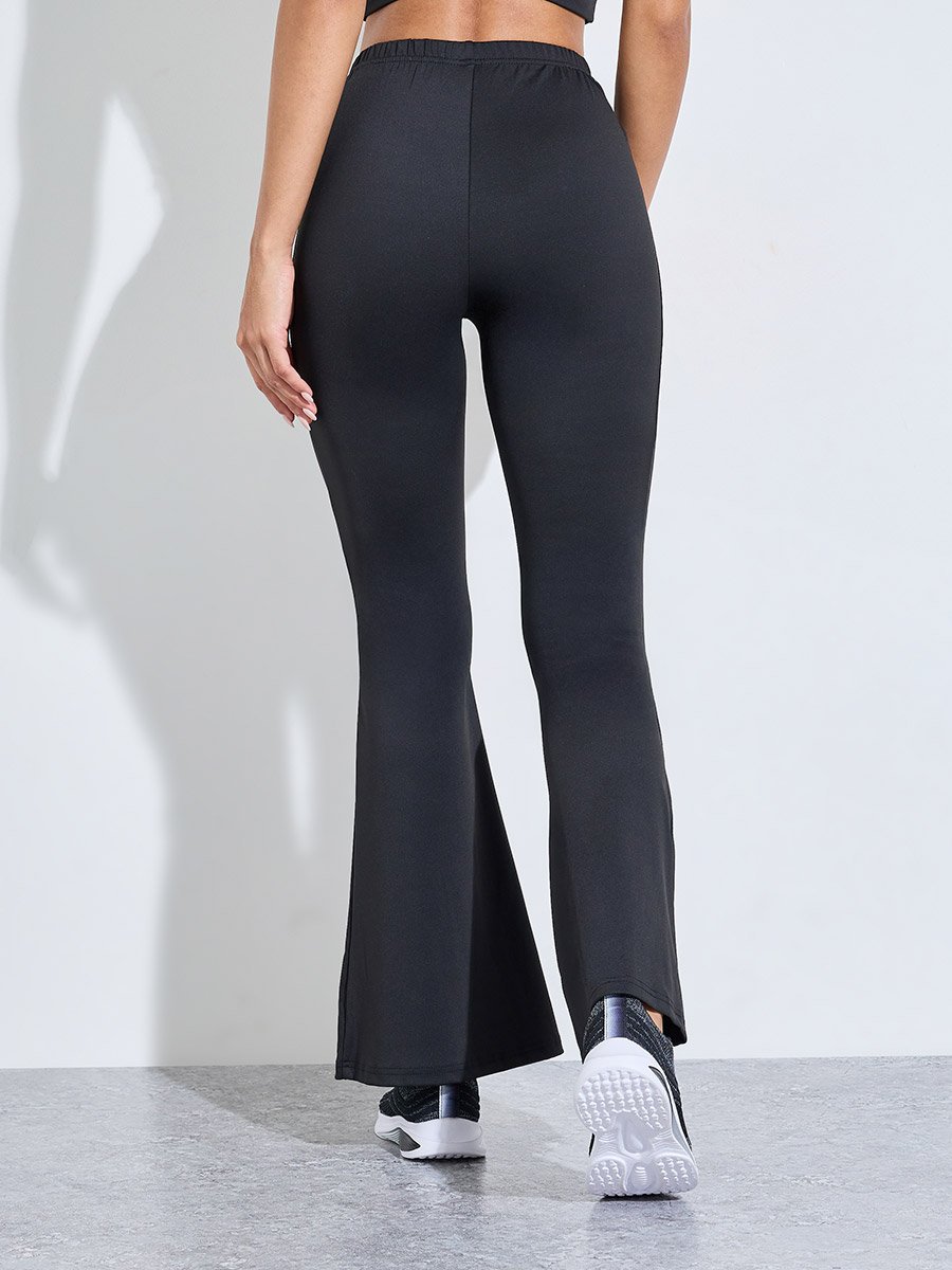 Black Solid Contrast Seam Active Flare Pants