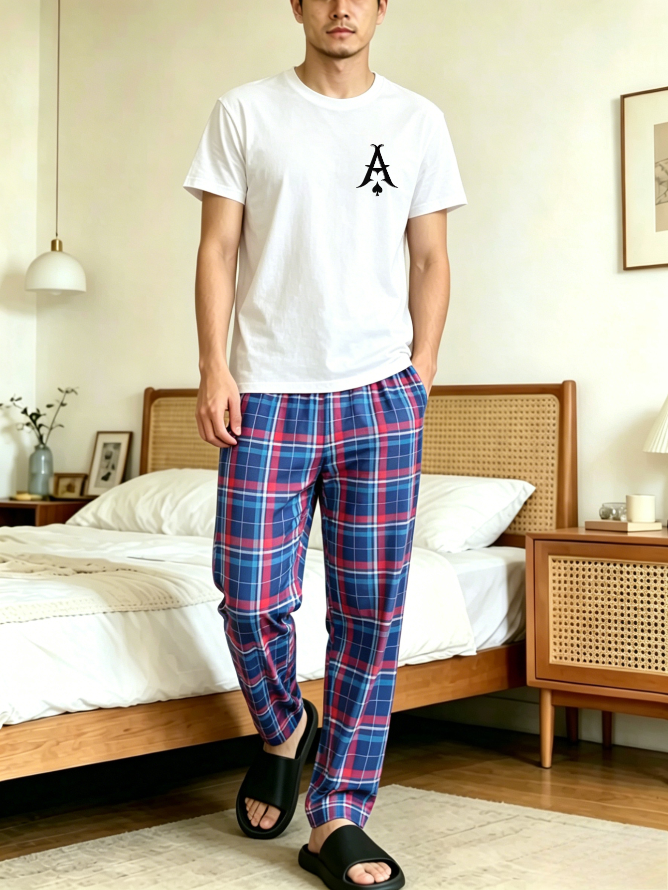 Men Printed T-Shirt and Checked Pyjama Set