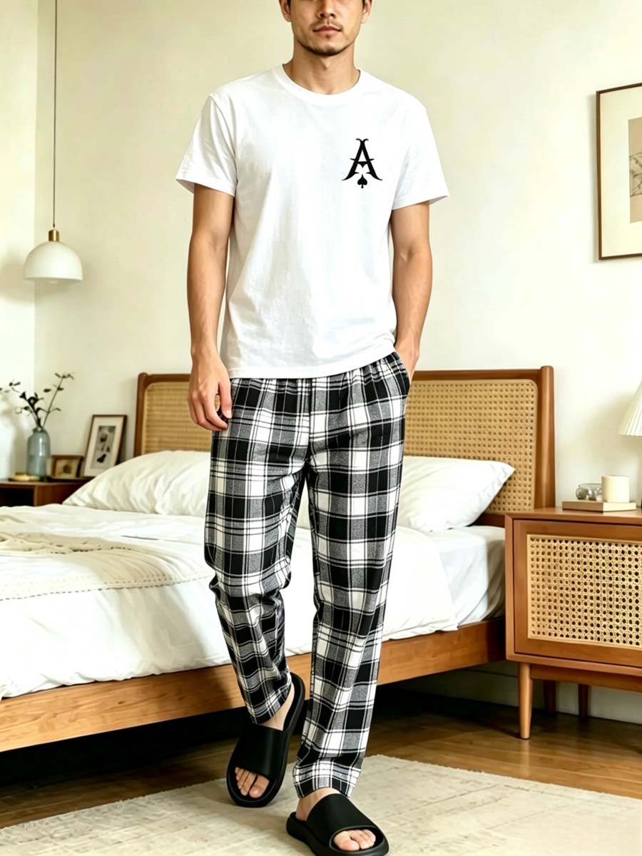 Men Printed T-Shirt and Checked Pyjama Set
