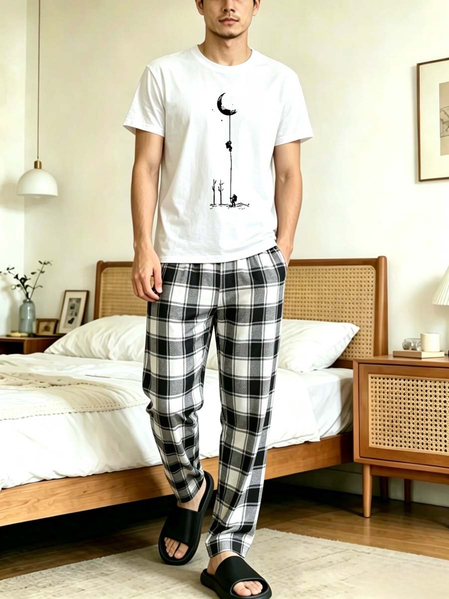 Men Printed T-Shirt and Checked Pyjama Set