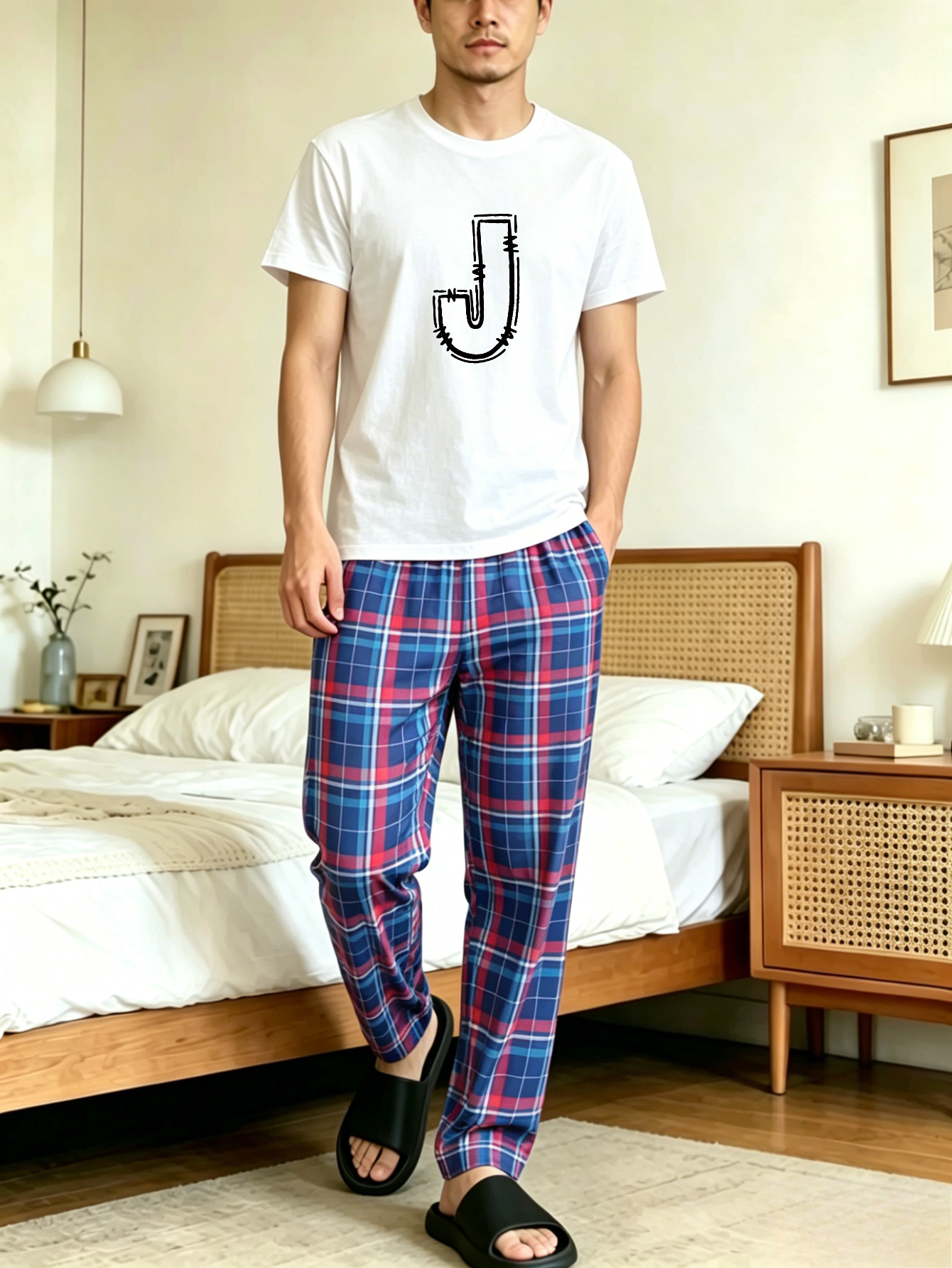 Men Printed T-Shirt and Checked Pyjama Set